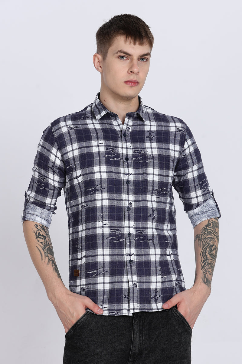 Navy Checkered  Slim Fit Full Sleeve Shirt