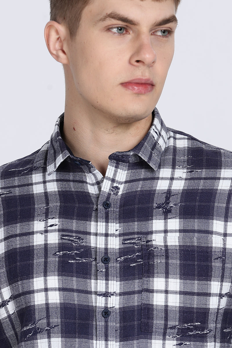 Navy Madras Checked Double Pocket Shirt