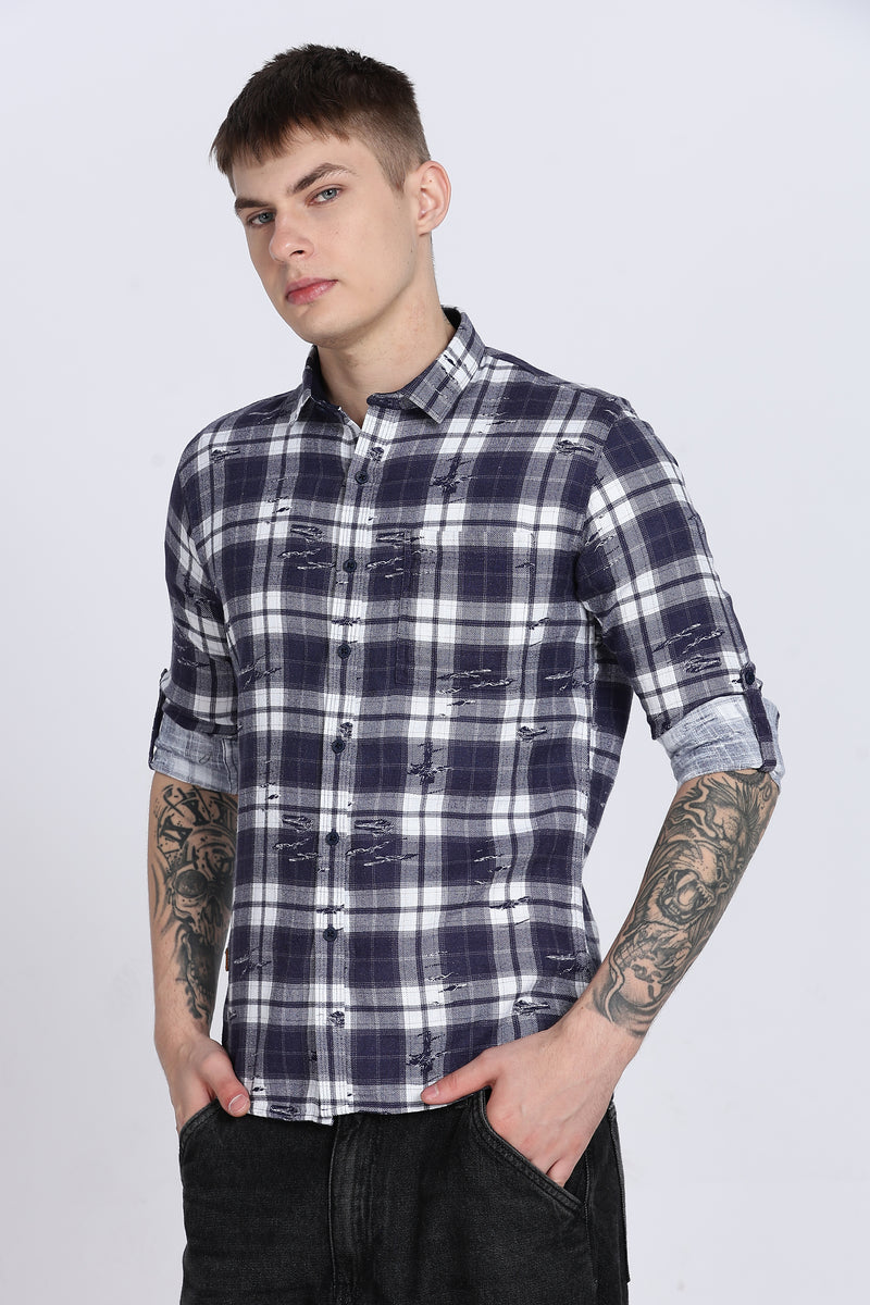 Navy Madras Checked Double Pocket Shirt