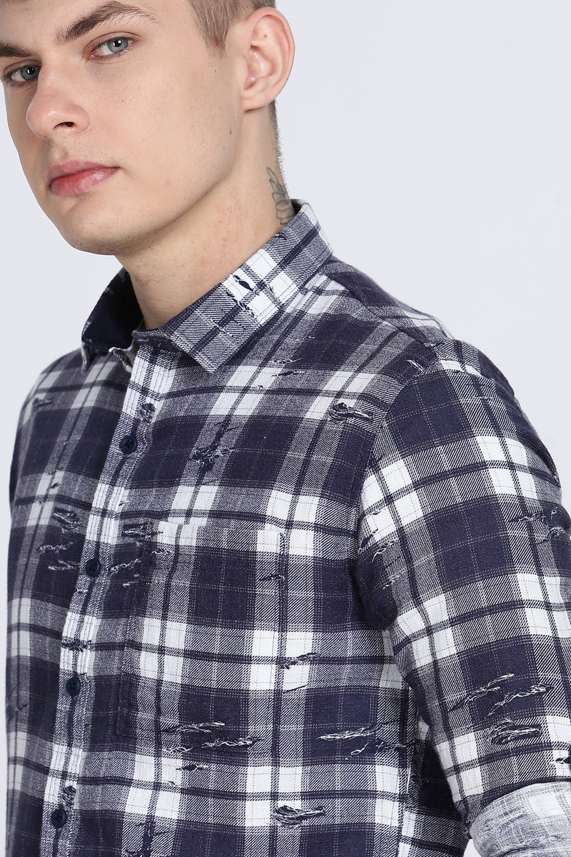 Navy Madras Checked Double Pocket Shirt
