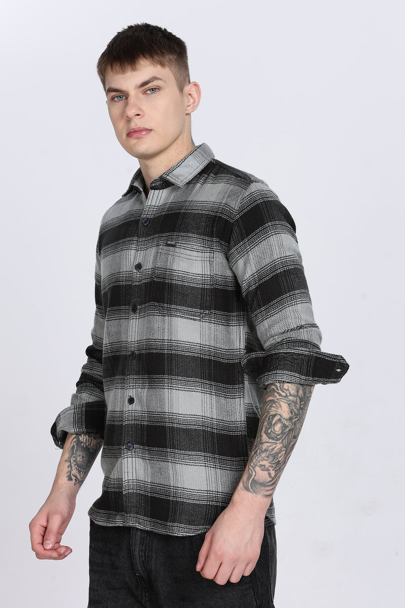 Black Plaid Checked Slim Fit Full Sleeve Shirt