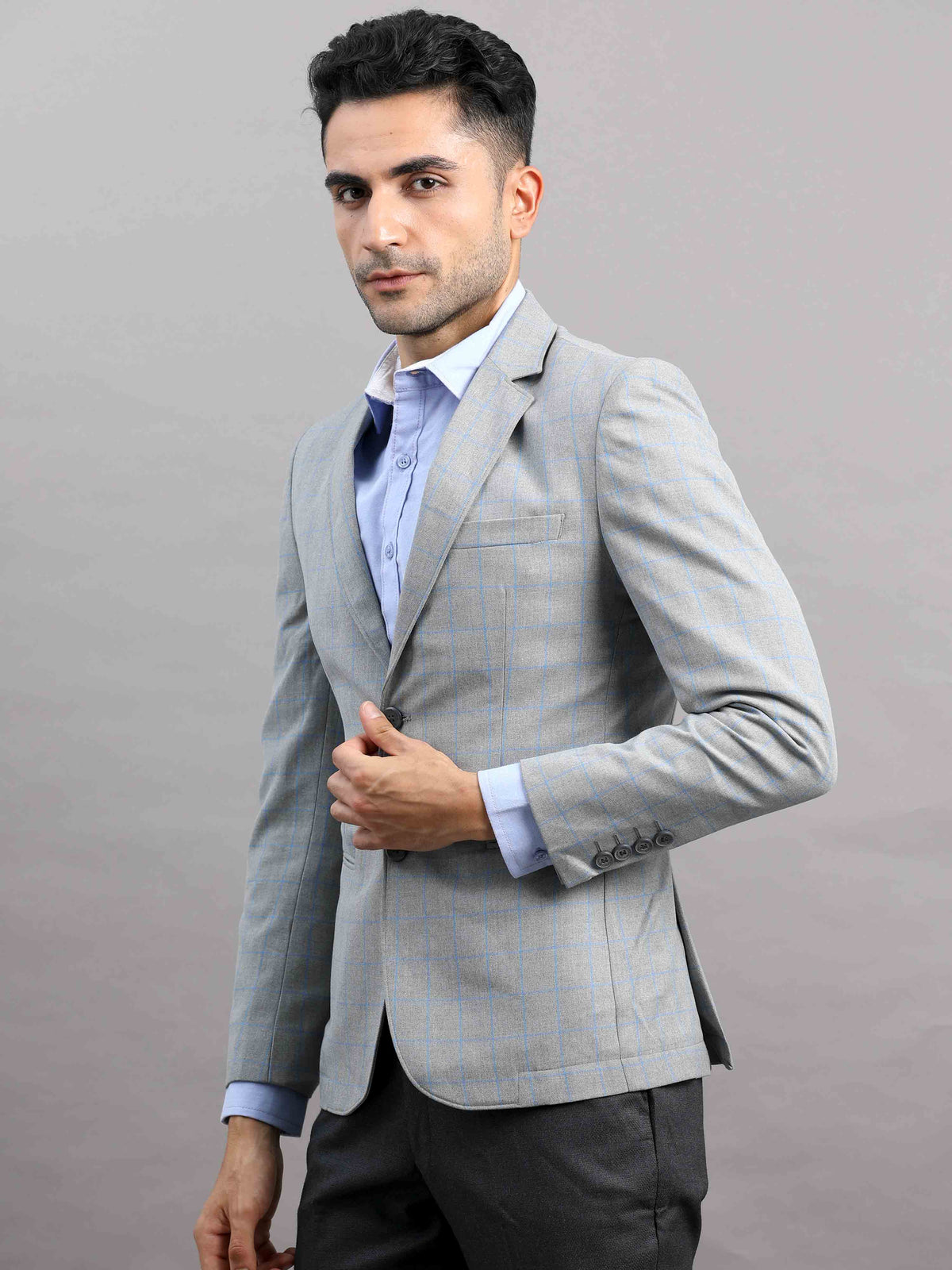 Shop Men's Grey Cotton Blend Slim Fit Casual Blazer Online.