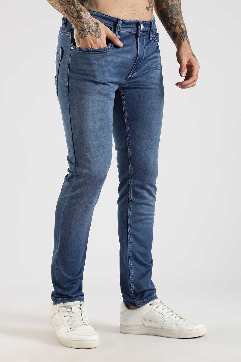 Men Blue Solid Ankle Fit Stretchable Denim Jeans
