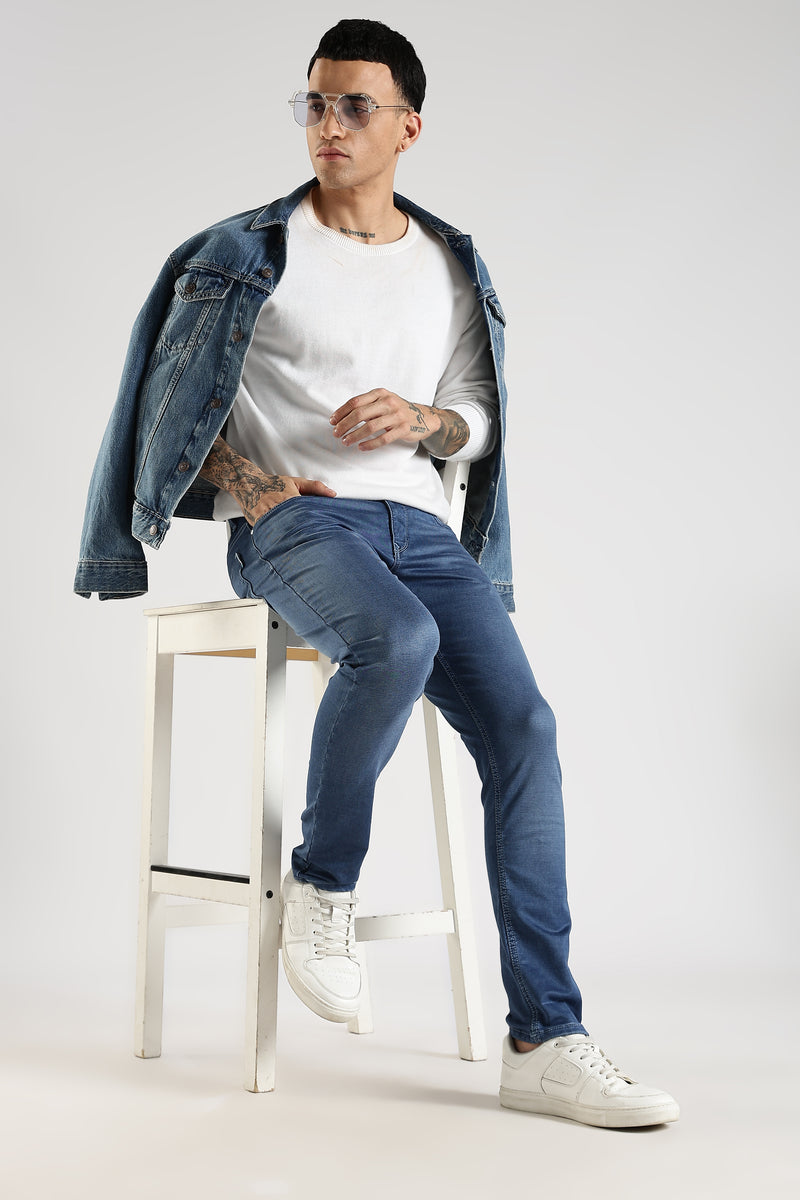 Men Blue Solid Ankle Fit Stretchable Denim Jeans