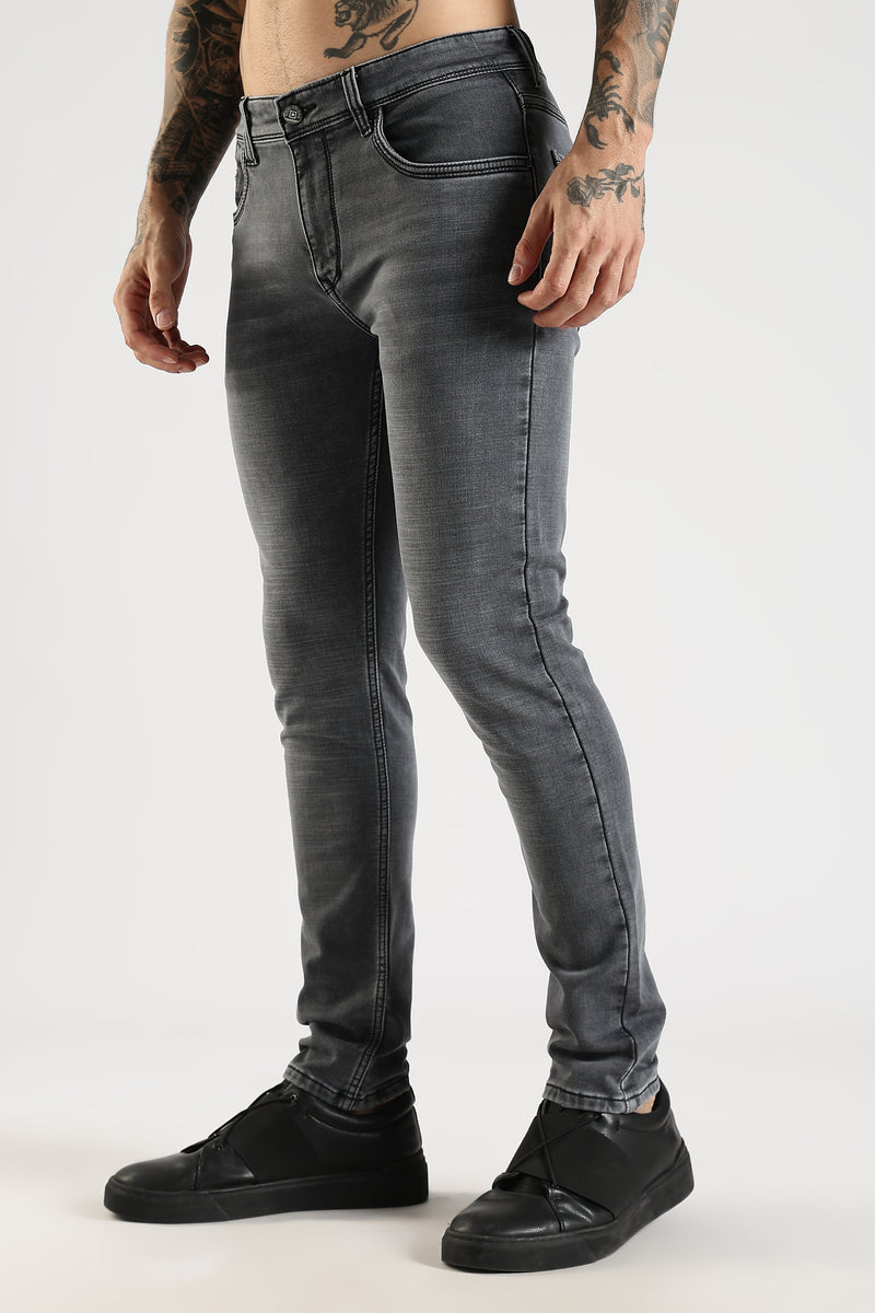 Men Charcoal Grey  Solid Ankle Fit Stretchable Denim Jeans