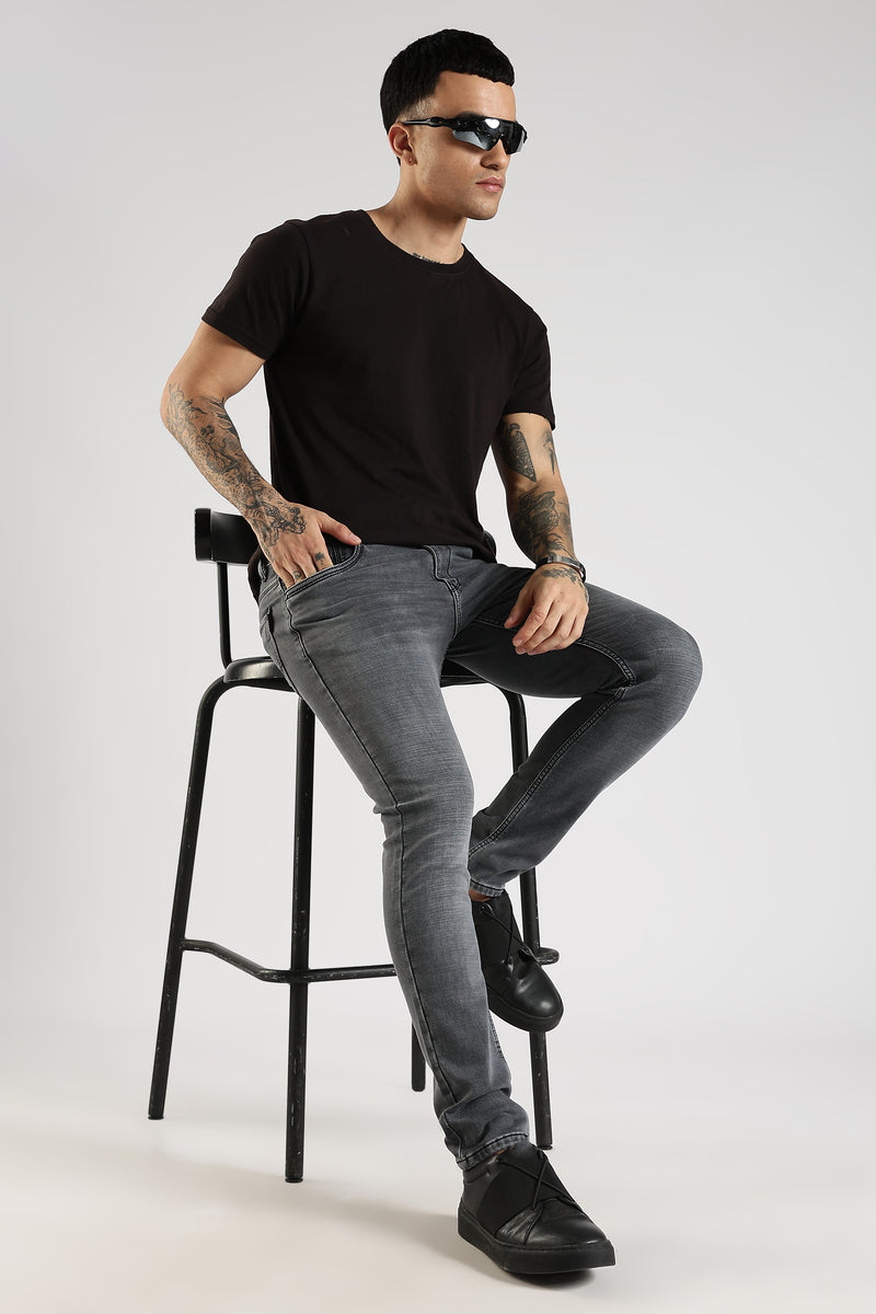 Men Charcoal Grey  Solid Ankle Fit Stretchable Denim Jeans