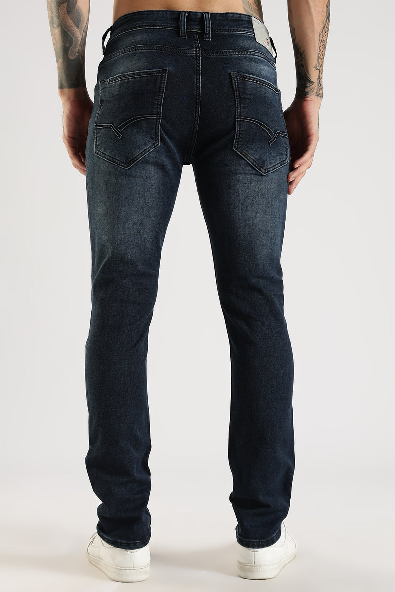 Men Faded Dark Blue Solid Ankle Fit Stretchable Denim Jeans