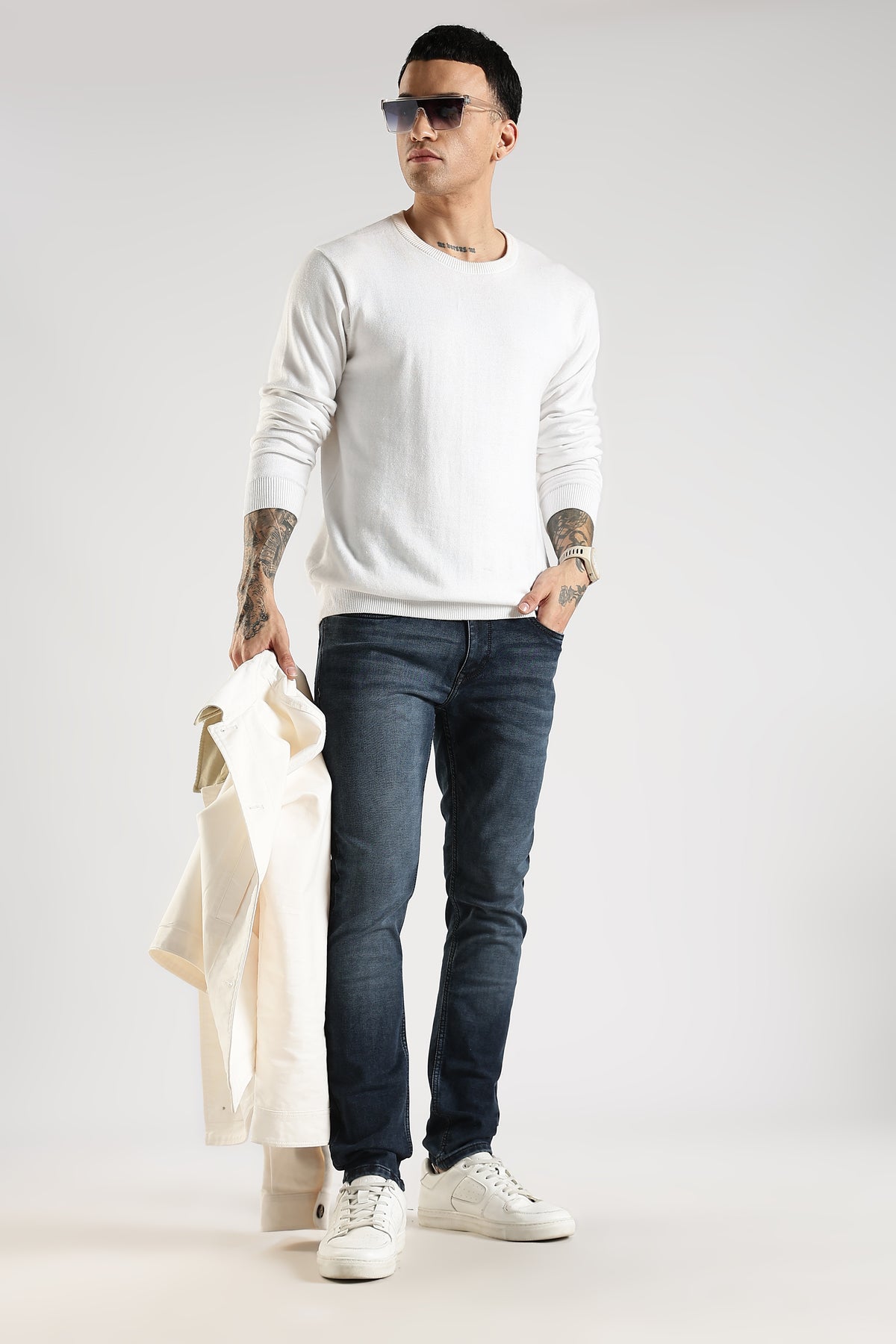 Men Faded Dark Blue Solid Ankle Fit Stretchable Denim Jeans