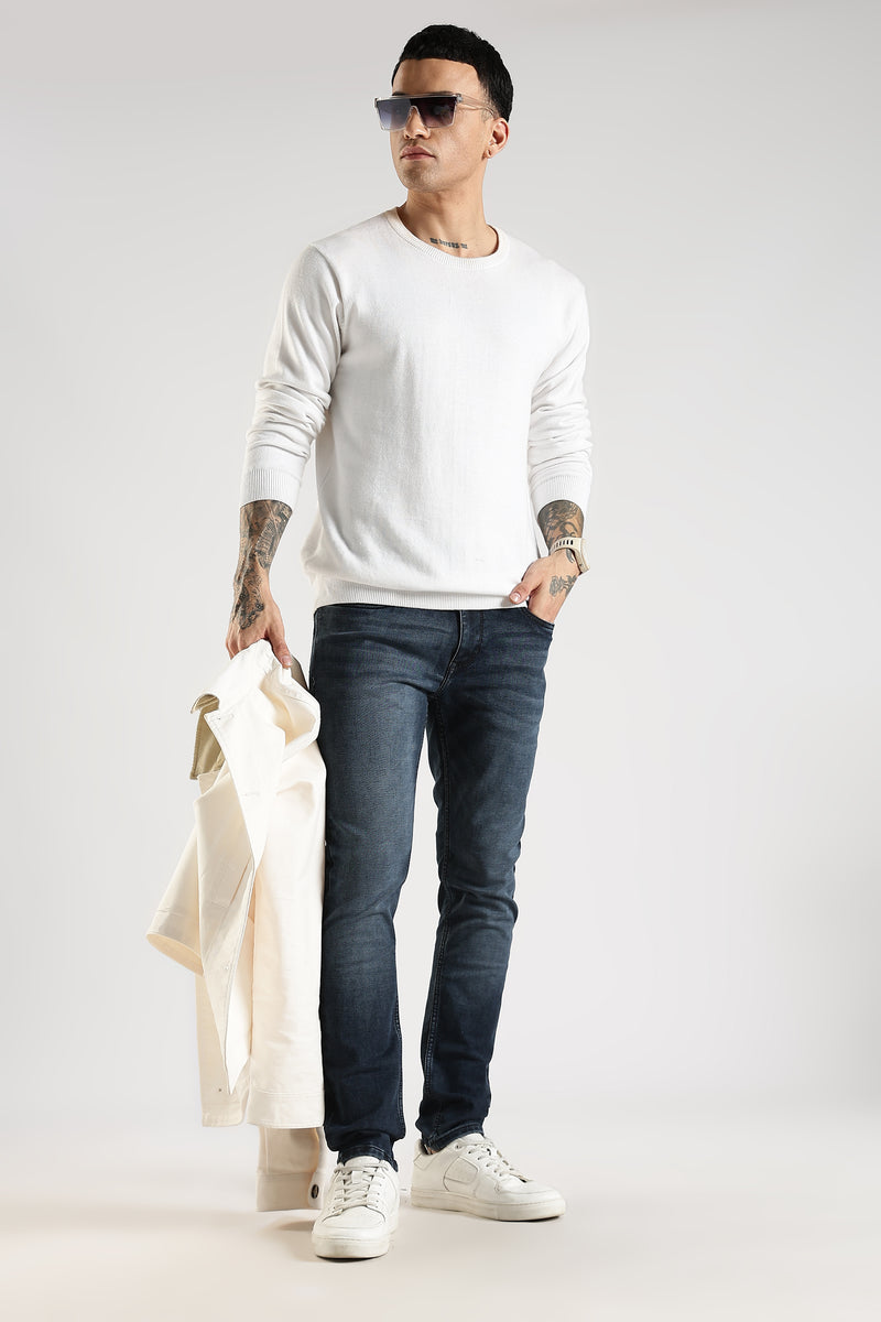 Men Faded Dark Blue Solid Ankle Fit Stretchable Denim Jeans