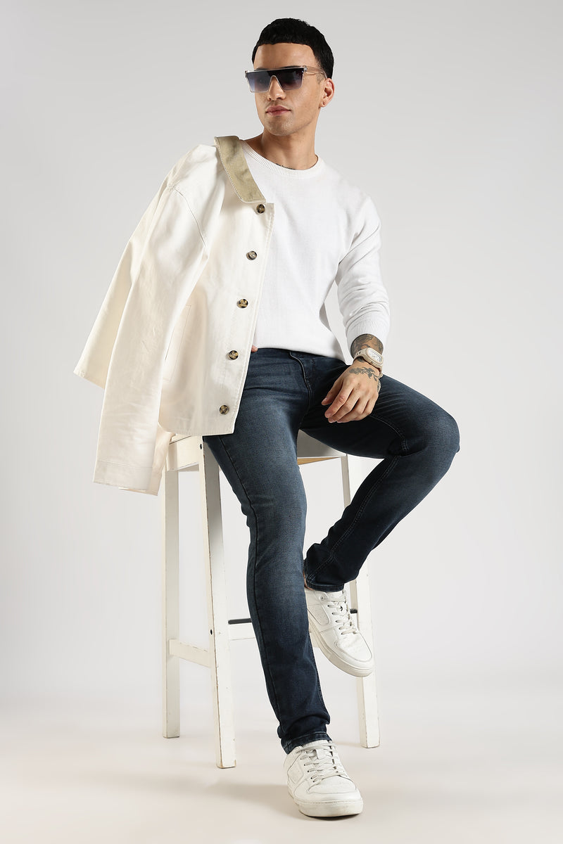 Men Faded Dark Blue Solid Ankle Fit Stretchable Denim Jeans