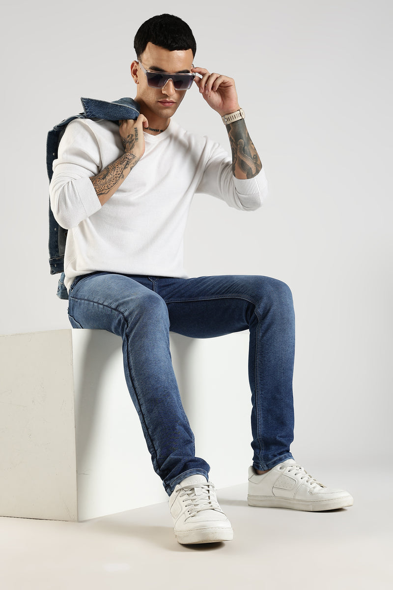 Men Mid Blue Solid Ankle Fit Stretchable Denim Jeans
