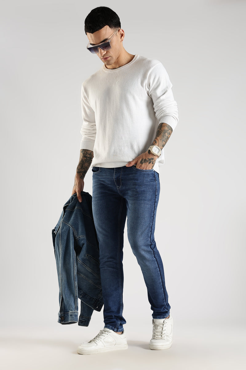 Men Mid Blue Solid Ankle Fit Stretchable Denim Jeans