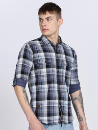 Navy Madras Checked Double Pocket Shirt
