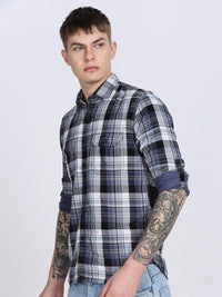 Navy Madras Checked Double Pocket Shirt
