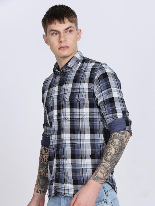 Navy Madras Checked Double Pocket Shirt