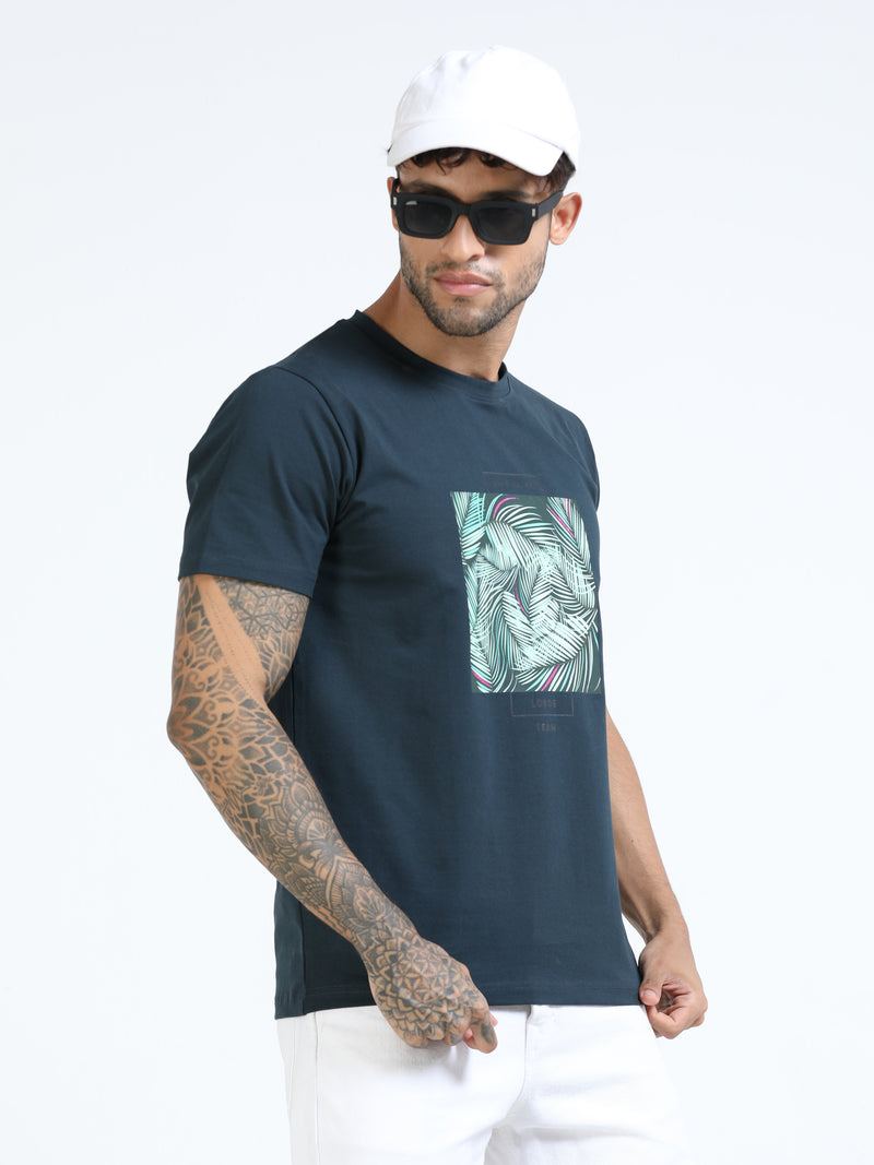 Men Dark Green Slim Fit Chest Printed Crew Neck T-Shirt