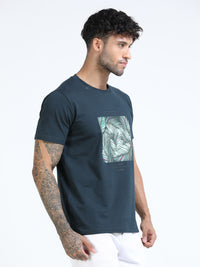 Men Dark Green Slim Fit Chest Printed Crew Neck T-Shirt