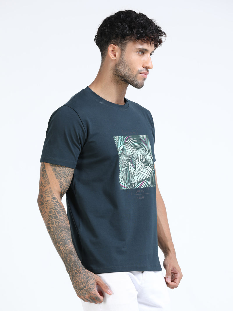 Men Dark Green Slim Fit Chest Printed Crew Neck T-Shirt