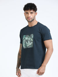 Men Dark Green Slim Fit Chest Printed Crew Neck T-Shirt