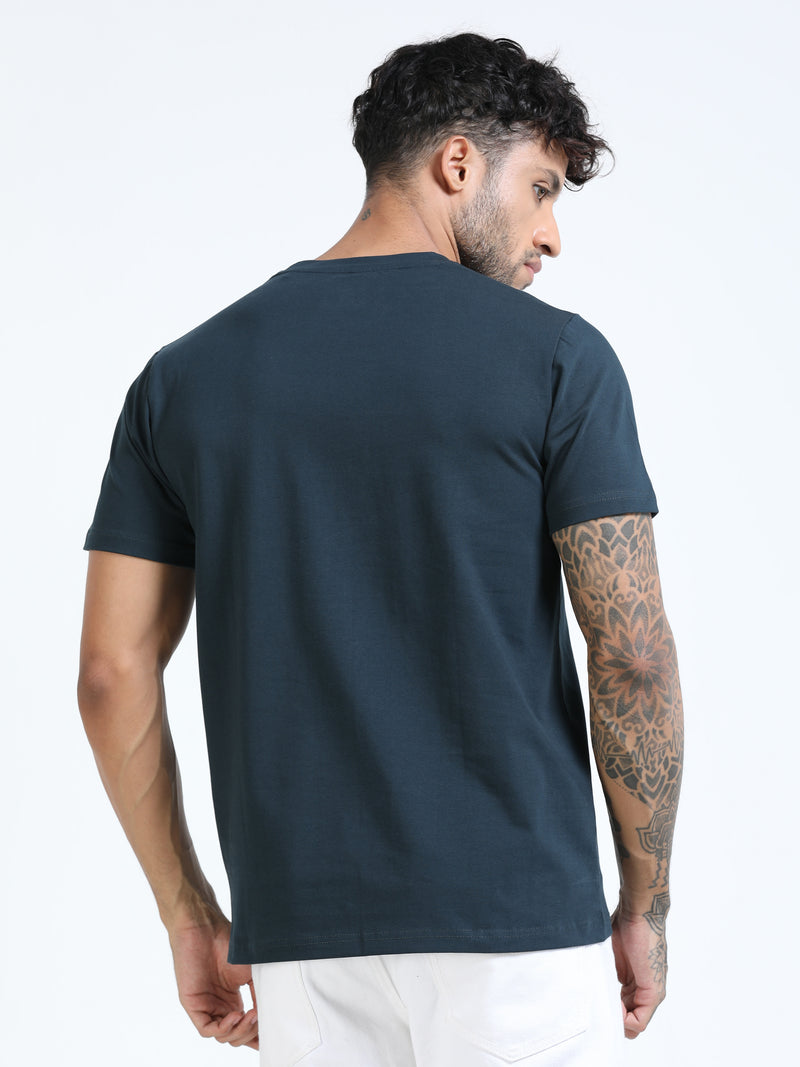 Men Dark Green Slim Fit Chest Printed Crew Neck T-Shirt