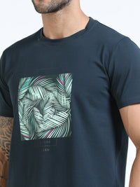 Men Dark Green Slim Fit Chest Printed Crew Neck T-Shirt