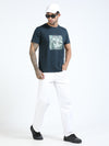 Men Dark Green Slim Fit Chest Printed Crew Neck T-Shirt
