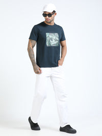 Men Dark Green Slim Fit Chest Printed Crew Neck T-Shirt