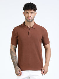 Men Rust Slim Fit Drop Needle Polo T-Shirt