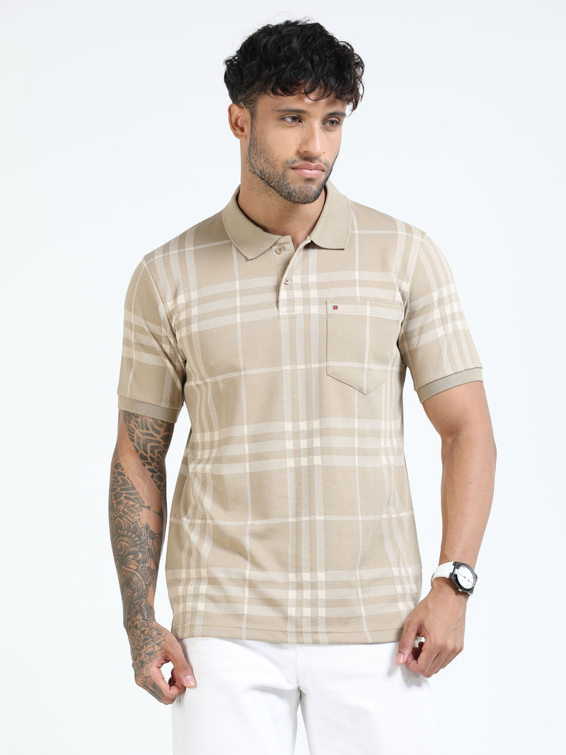 Men Cream Slim Fit Checks Polo T-Shirt