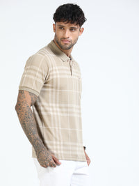 Men Cream Slim Fit Checks Polo T-Shirt