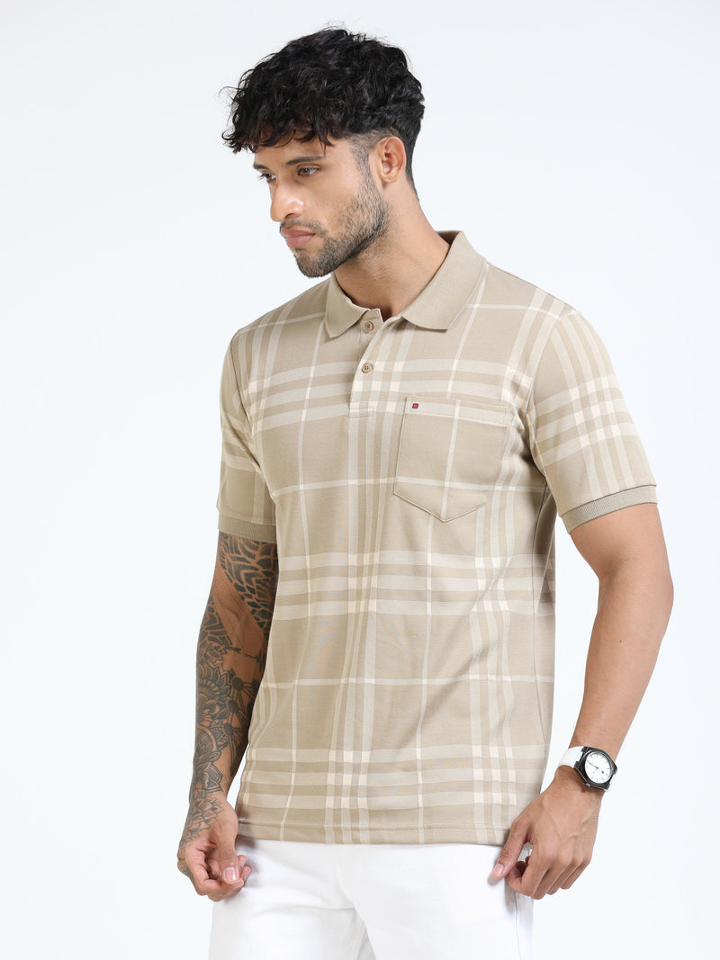 Men Cream Slim Fit Checks Polo T-Shirt