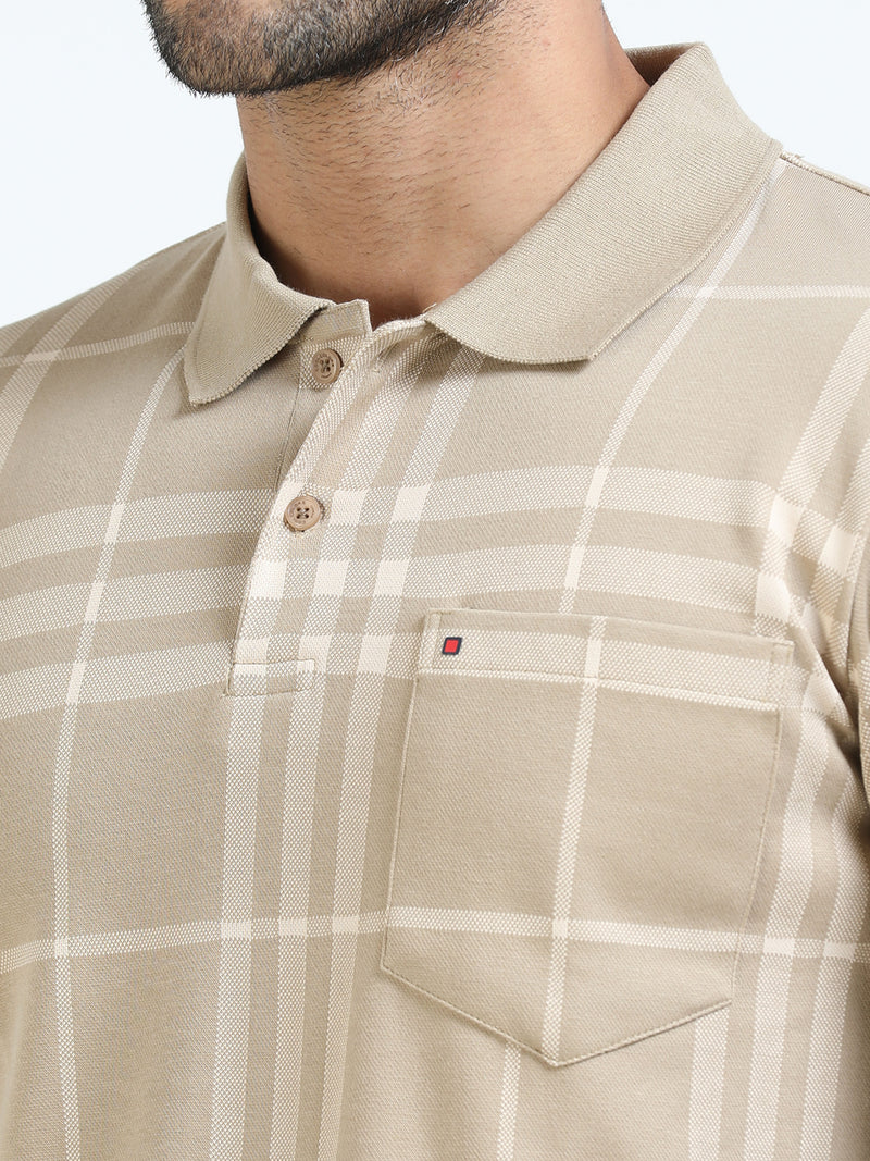 Men Cream Slim Fit Checks Polo T-Shirt
