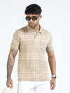 Men Cream Slim Fit Checks Polo T-Shirt