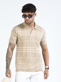 Men Cream Slim Fit Checks Polo T-Shirt
