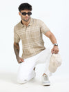 Men Cream Slim Fit Checks Polo T-Shirt