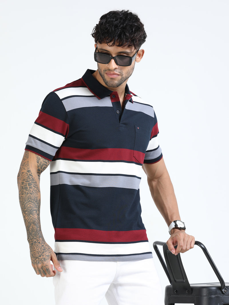 Men Navy Slim Fit Striped Polo T-Shirt