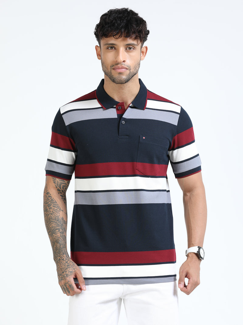 Men Navy Slim Fit Striped Polo T-Shirt