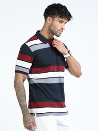 Men Navy Slim Fit Striped Polo T-Shirt