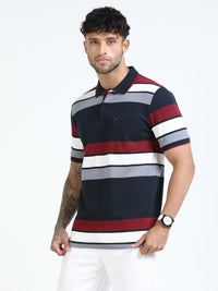 Men Navy Slim Fit Striped Polo T-Shirt