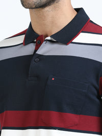 Men Navy Slim Fit Striped Polo T-Shirt