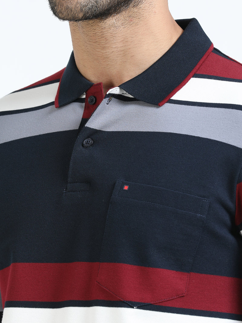 Men Navy Slim Fit Striped Polo T-Shirt