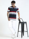 Men Navy Slim Fit Striped Polo T-Shirt