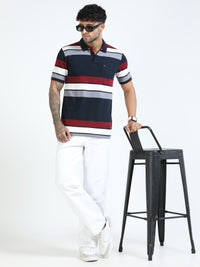 Men Navy Slim Fit Striped Polo T-Shirt