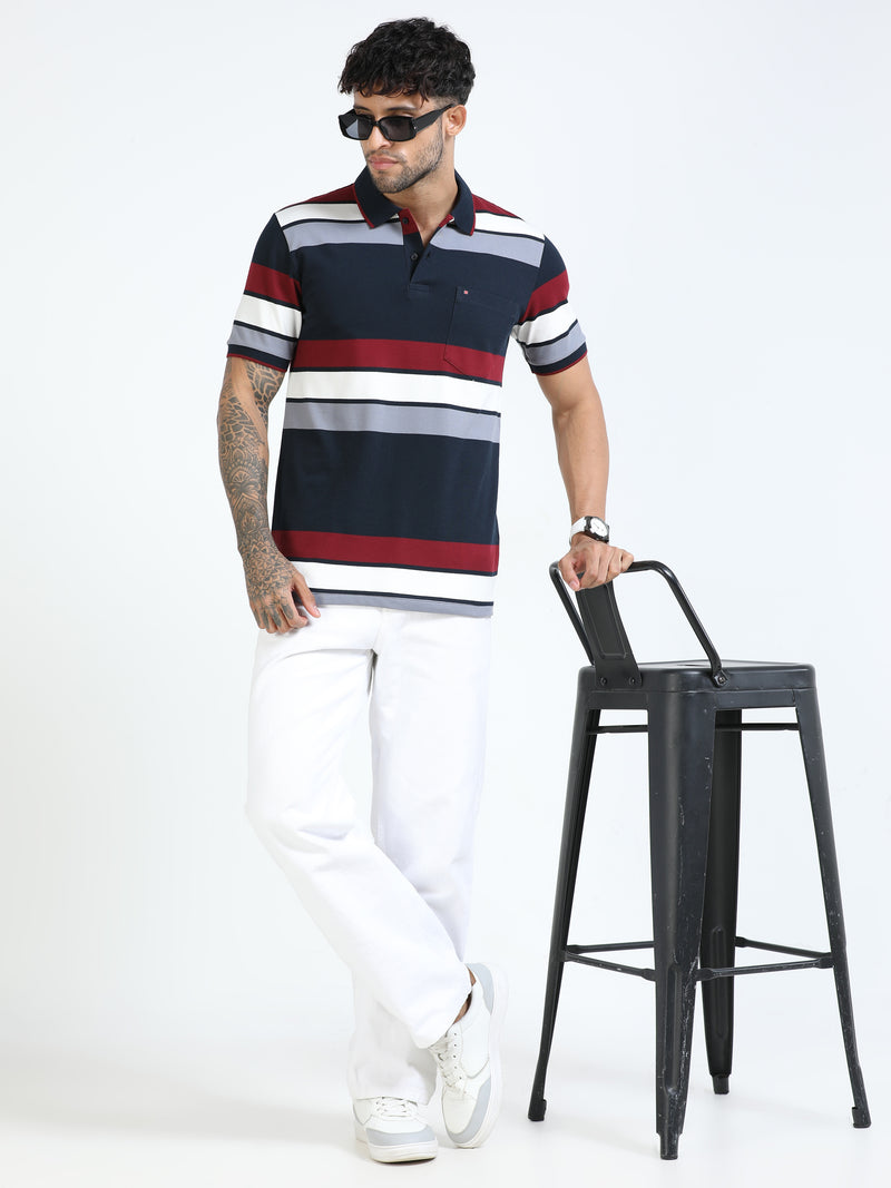 Men Navy Slim Fit Striped Polo T-Shirt