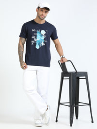 Men Blue Slim Fit Printed Crew Neck T-Shirt