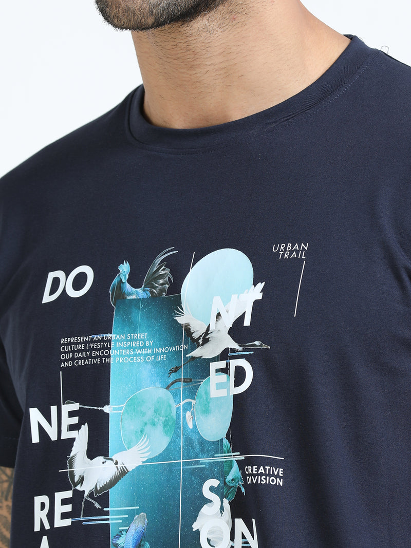 Men Blue Slim Fit Printed Crew Neck T-Shirt