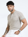 Men Cream Slim Fit Jacquard Stripes Polo T-Shirt
