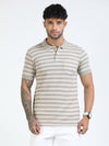 Men Cream Slim Fit Jacquard Stripes Polo T-Shirt