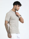 Men Cream Slim Fit Jacquard Stripes Polo T-Shirt