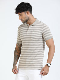 Men Cream Slim Fit Jacquard Stripes Polo T-Shirt